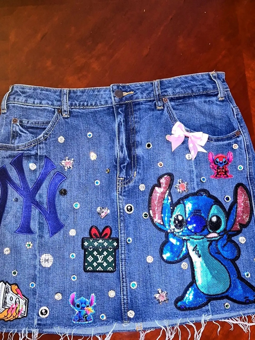 Old Navy Blue Patchwork Denim Skirt with Contrast Stitching